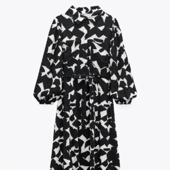 ZARA Black & White Print Midi Belted Shirt Dress, Size M - Picture 1 of 10